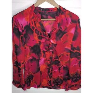 Anne Klein Women's Blouse Medium Floral Red Pink Black Button Up Lightweight Top